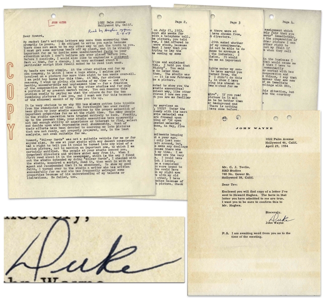 John Wayne 1954 Letter Signed to RKO Studios Signed ''Duke'' -- Wayne Includes 4pp. Carbon of His Letter to Howard Hughes, Where He Excoriates the Management of RKO